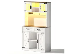Aparador de cozinha com 4 portas, 2 gavetas e 4 nichos, LED e USB incluídos, branco e natural