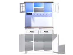 Aparador de cozinha com 4 portas, 2 gavetas e 4 nichos, LED e USB incluídos, branco e natural