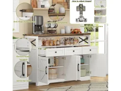 Aparador de cozinha com 4 portas - 140 x 95 x 35 cm - armários com prateleiras + 3 gavetas - MDF - branco
