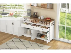Aparador de cozinha com 4 portas - 140 x 95 x 35 cm - armários com prateleiras + 3 gavetas - MDF - branco