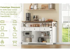 Aparador de cozinha com 4 portas - 140 x 95 x 35 cm - armários com prateleiras + 3 gavetas - MDF - branco