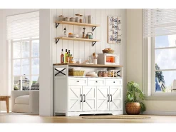 Aparador de cozinha com 4 portas - 140 x 95 x 35 cm - armários com prateleiras + 3 gavetas - MDF - branco