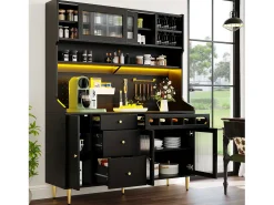 Aparador de cozinha com iluminação LED, 4 portas, 3 gavetas e garrafeira - Preto