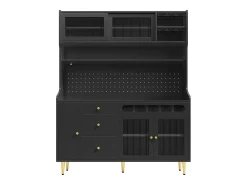 Aparador de cozinha com iluminação LED, 4 portas, 3 gavetas e garrafeira - Preto