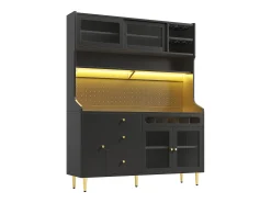 Aparador de cozinha com iluminação LED, 4 portas, 3 gavetas e garrafeira - Preto