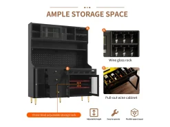Aparador de cozinha com iluminação LED, 4 portas, 3 gavetas e garrafeira - Preto