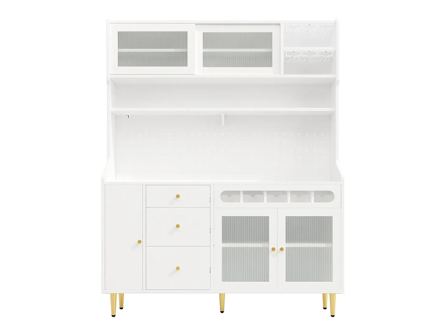 Aparador de cozinha com iluminação LED, 4 portas, 3 gavetas e garrafeira - Branco
