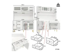 Aparador de cozinha com iluminação LED, 4 portas, 3 gavetas e garrafeira - Branco