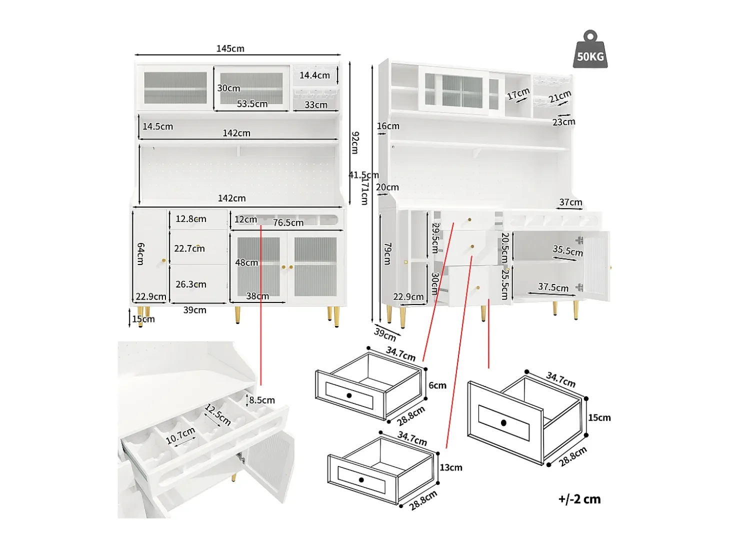Aparador de cozinha com iluminação LED, 4 portas, 3 gavetas e garrafeira - Branco