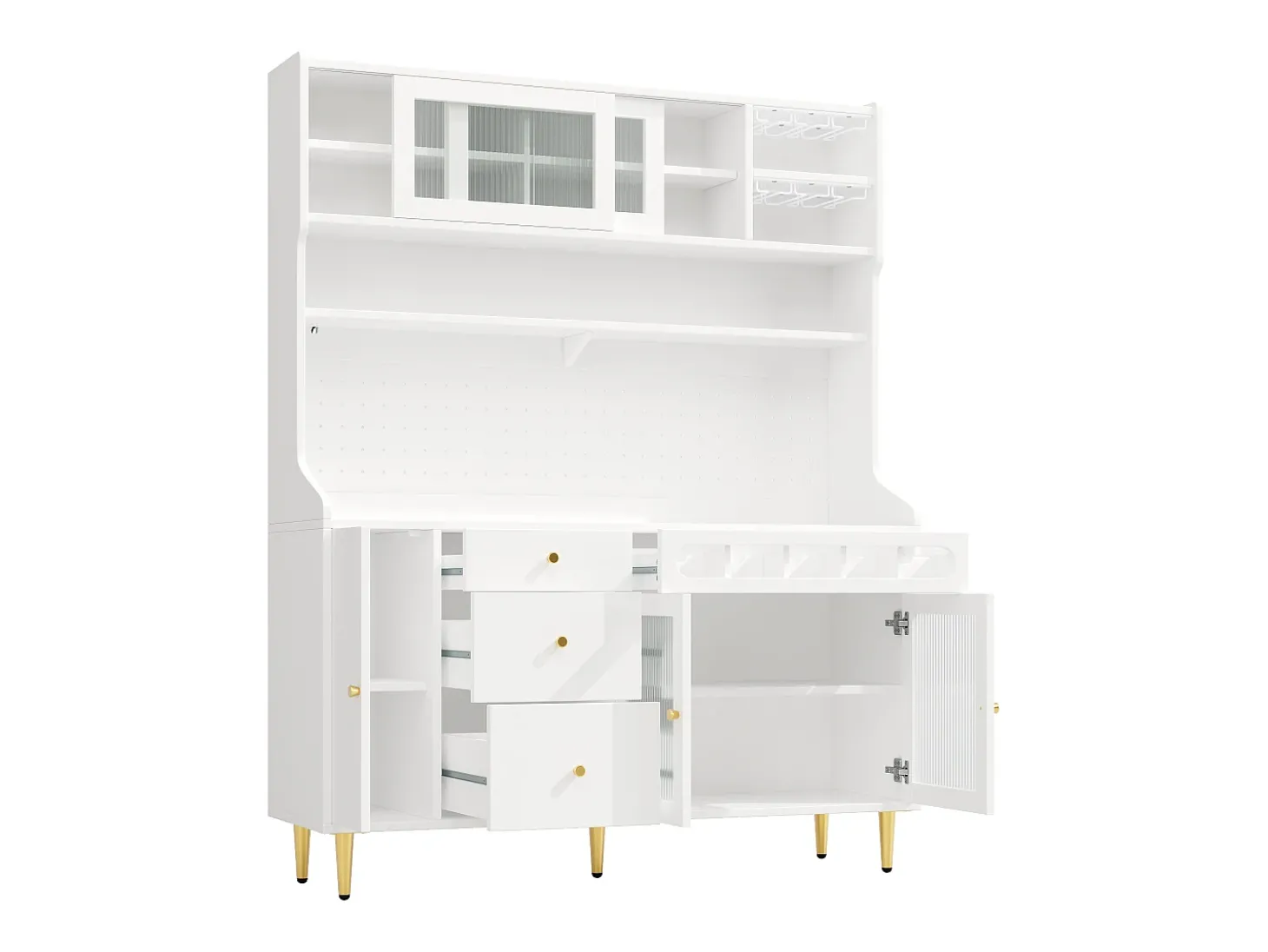 Aparador de cozinha com iluminação LED, 4 portas, 3 gavetas e garrafeira - Branco