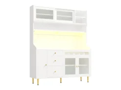 Aparador de cozinha com iluminação LED, 4 portas, 3 gavetas e garrafeira - Branco