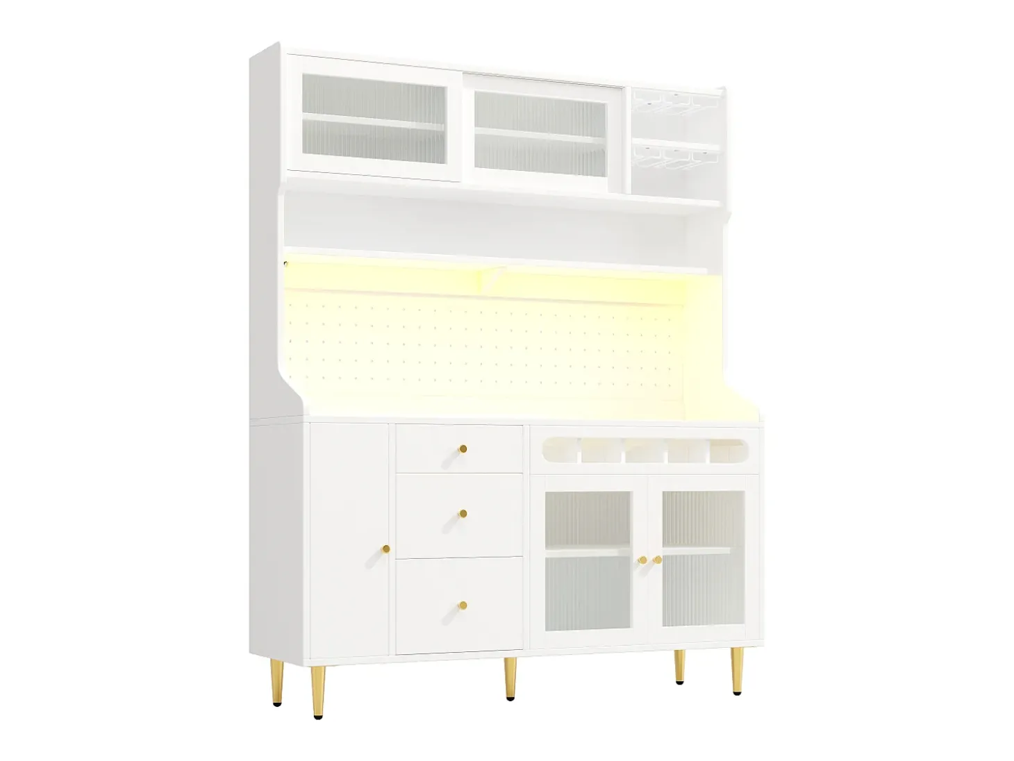 Aparador de cozinha com iluminação LED, 4 portas, 3 gavetas e garrafeira - Branco
