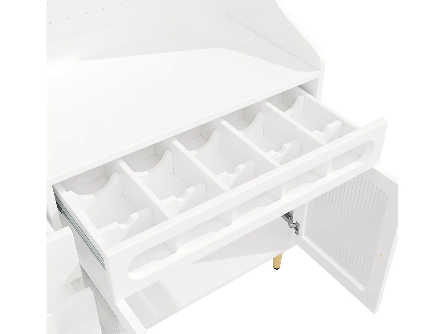 Aparador de cozinha com iluminação LED, 4 portas, 3 gavetas e garrafeira - Branco