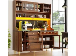 Aparador de cozinha com iluminação LED, 4 portas, 3 gavetas e garrafeira - Cor: Nogueira