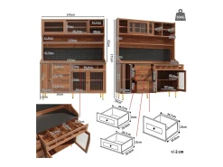 Aparador de cozinha com iluminação LED, 4 portas, 3 gavetas e garrafeira - Cor: Nogueira