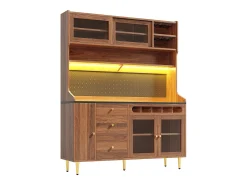 Aparador de cozinha com iluminação LED, 4 portas, 3 gavetas e garrafeira - Cor: Nogueira