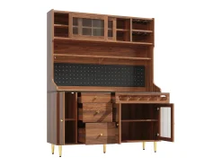 Aparador de cozinha com iluminação LED, 4 portas, 3 gavetas e garrafeira - Cor: Nogueira