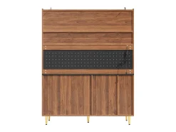 Aparador de cozinha com iluminação LED, 4 portas, 3 gavetas e garrafeira - Cor: Nogueira