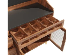 Aparador de cozinha com iluminação LED, 4 portas, 3 gavetas e garrafeira - Cor: Nogueira