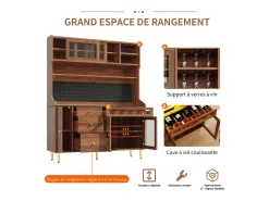 Aparador de cozinha com iluminação LED, 4 portas, 3 gavetas e garrafeira - Cor: Nogueira