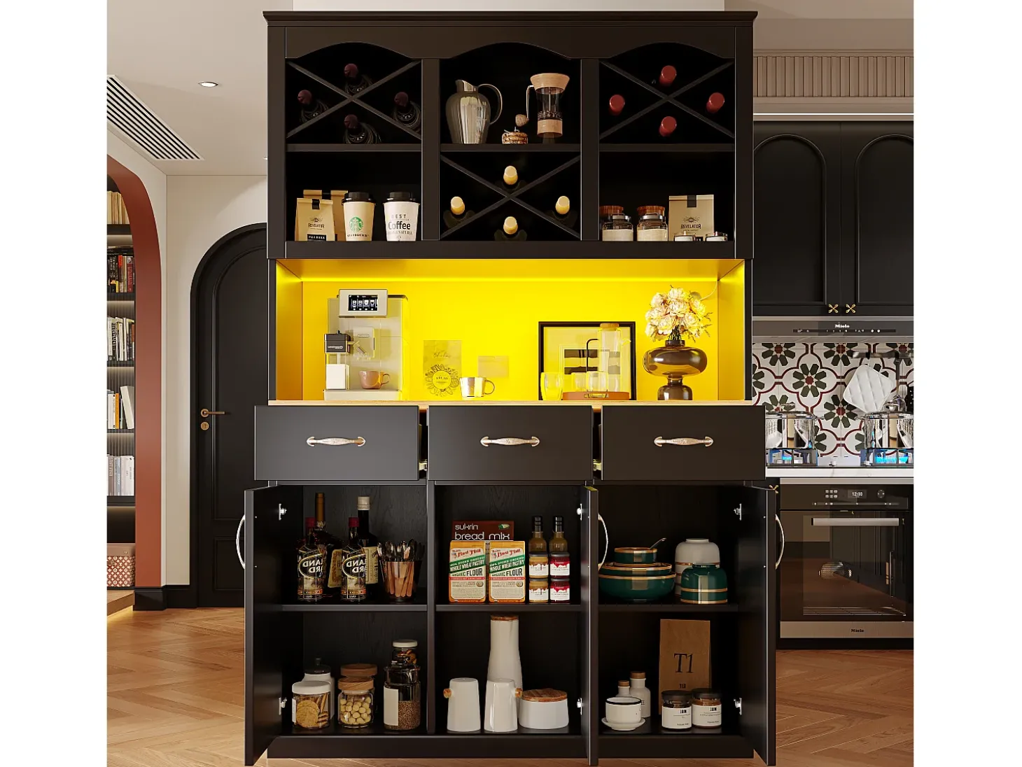Aparador de cozinha com iluminação LED, 3 portas e 3 gavetas - Madeira MDF preta