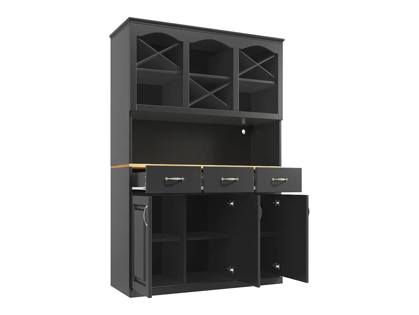 Aparador de cozinha com iluminação LED, 3 portas e 3 gavetas - Madeira MDF preta