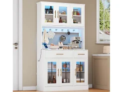 Aparador de cozinha com iluminação LED, tomada elétrica, 6 portas de vidro e 2 gavetas - Prateleiras ajustáveis - Branco