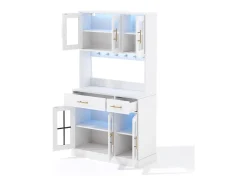 Aparador de cozinha com iluminação LED, tomada elétrica, 6 portas de vidro e 2 gavetas - Prateleiras ajustáveis ​​​​- Branco