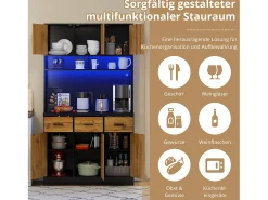 Aparador de cozinha com LED - 6 portas、3 gavetas e 3 compartimentos abertos - Natural
