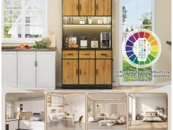 Aparador de cozinha com LED - 6 portas、3 gavetas e 3 compartimentos abertos - Natural