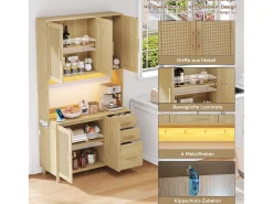 Aparador de cozinha com LEDs - 100 x 40 x 183 cm - com USB + tomadas + prateleiras reguláveis ​​+ 3 gavetas - MDF - natural