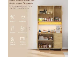 Aparador de cozinha com LEDs - 100 x 40 x 183 cm - com USB + tomadas + prateleiras reguláveis ​​+ 3 gavetas - MDF - natural