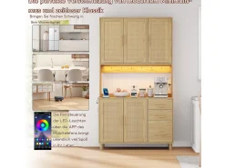 Aparador de cozinha com LEDs - 100 x 40 x 183 cm - com USB + tomadas + prateleiras reguláveis ​​+ 3 gavetas - MDF - natural