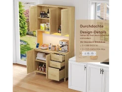 Aparador de cozinha com LEDs - 100 x 40 x 183 cm - com USB + tomadas + prateleiras reguláveis ​​+ 3 gavetas - MDF - natural