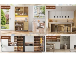 Aparador de cozinha com LEDs - 100 x 40 x 183 cm - com USB + tomadas + prateleiras reguláveis ​​+ 3 gavetas - MDF - natural