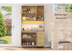 Aparador de cozinha com LEDs - 100 x 40 x 183 cm - com USB + tomadas + prateleiras reguláveis ​​+ 3 gavetas - MDF - natural