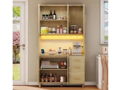 Aparador de cozinha com LEDs - 100 x 40 x 183 cm - com USB + tomadas + prateleiras reguláveis ​​+ 3 gavetas - MDF - natural