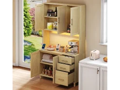 Aparador de cozinha com LEDs - 100 x 40 x 183 cm - com USB + tomadas + prateleiras reguláveis ​​+ 3 gavetas - MDF - natural