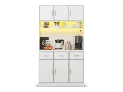 Aparador de cozinha com LED - 6 portas、3 gavetas e 3 compartimentos abertos - Branco