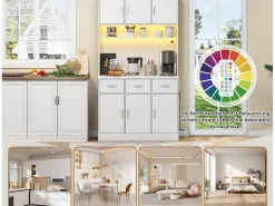 Aparador de cozinha com LED - 6 portas、3 gavetas e 3 compartimentos abertos - Branco