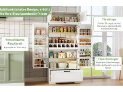 Aparador de cozinha com prateleiras reguláveis + gaveta + 4 portas + garrafeira - 80 x 40 x 180 cm - MDF - branco