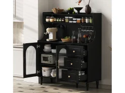 Aparador de cozinha com tomadas - 120 x 40 x 138,5 cm - com 3 gavetas + suporte para taças de vinho + prateleiras + 2 portas - MDF - preto
