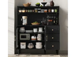 Aparador de cozinha com tomadas - 120 x 40 x 138,5 cm - com 3 gavetas + suporte para taças de vinho + prateleiras + 2 portas - MDF - preto