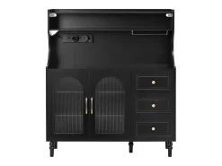 Aparador de cozinha com tomadas - 120 x 40 x 138,5 cm - com 3 gavetas + suporte para taças de vinho + prateleiras + 2 portas - MDF - preto