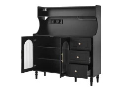 Aparador de cozinha com tomadas - 120 x 40 x 138,5 cm - com 3 gavetas + suporte para taças de vinho + prateleiras + 2 portas - MDF - preto