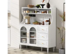 Aparador de cozinha com tomadas - 120 x 40 x 138,5 cm - com 3 gavetas + suporte para taças de vinho + prateleiras + 2 portas - MDF - branco