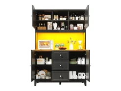 Aparador de cozinha de alta qualidade - 120 x 40 x 180 cm - com LEDs + 3 gavetas + 4 portas - MDF - preto