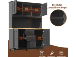 Aparador de cozinha de alta qualidade - 120 x 40 x 180 cm - com LEDs + 3 gavetas + 4 portas - MDF - preto