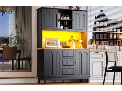 Aparador de cozinha de alta qualidade - 120 x 40 x 180 cm - com LEDs + 3 gavetas + 4 portas - MDF - preto