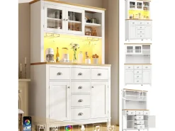 Aparador de cozinha estilo campestre - 104 x 40 x 180 cm - com portas, iluminação LED, prateleiras e gavetas - MDF - branco